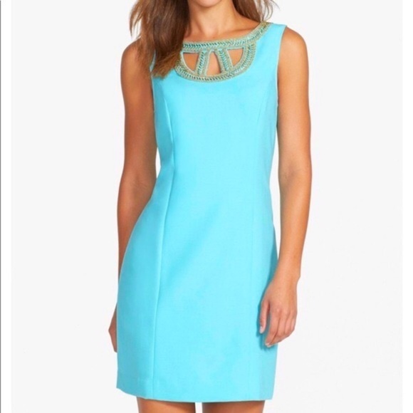 Lilly Pulitzer Shorely Blue Sleeveless Beaded Lane Shift Dress Size 2 - Picture 8 of 8